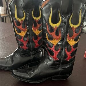 Vintage Black Cowboy Boots with Flame Design